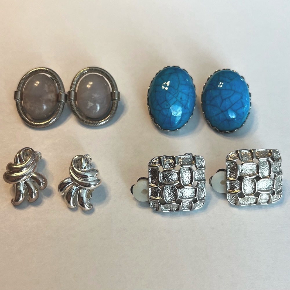 BOGO Vintage Clip-On Bundle - four pairs of vintage silver tone earrings